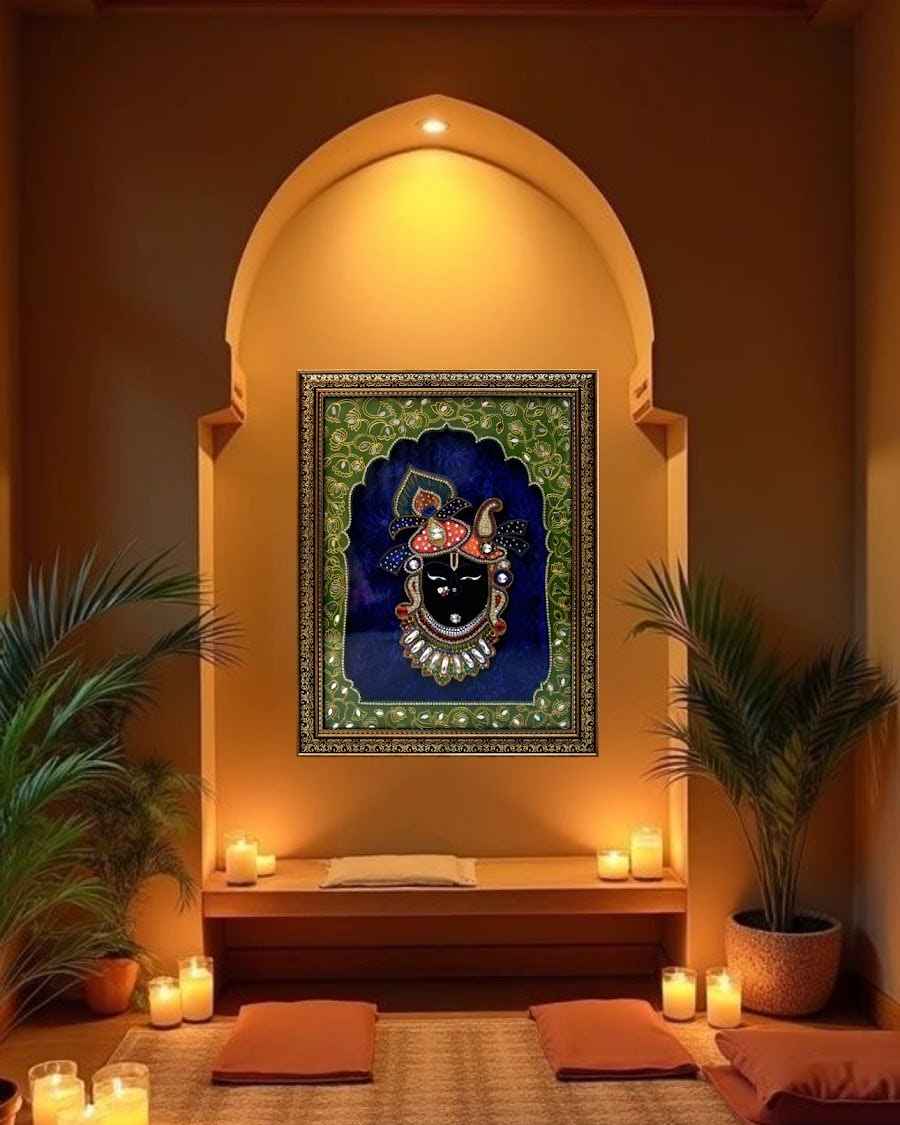 Handpainted Acrylic Shree Nath Ji painting on canvas in Pichwai style, luxurious Hindu Krishna wall art from ArtyCrafty.net